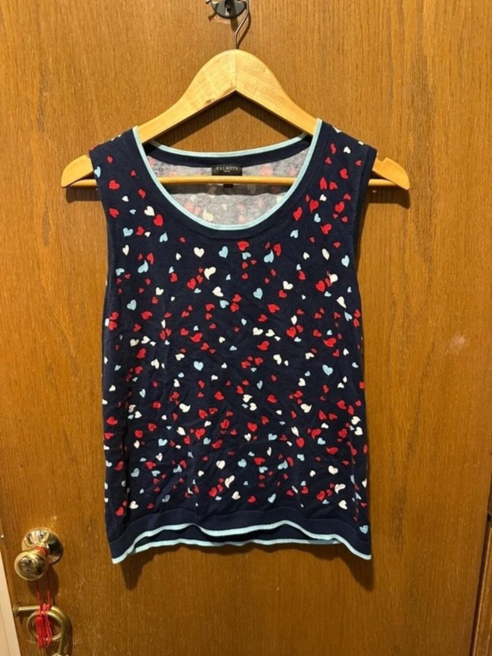 Talbots Petite XL Navy Heart Print Sleeveless Sweater Tank Top Red White Blue